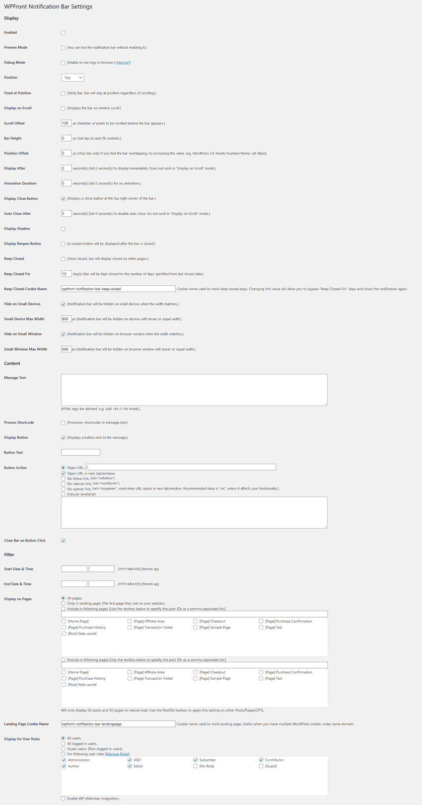 WPFront notification bar WordPress plugin settings