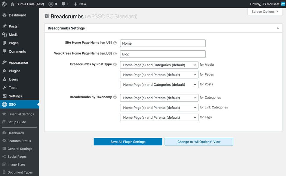 WPSSO BC Setting Page With Options To select the Type Of Breadcrumbs For Each Post Type