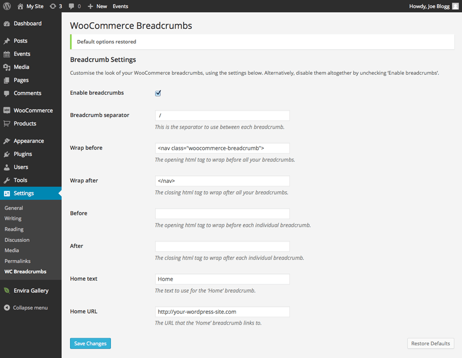 Woocommerce Breadcrumbs Default Setting