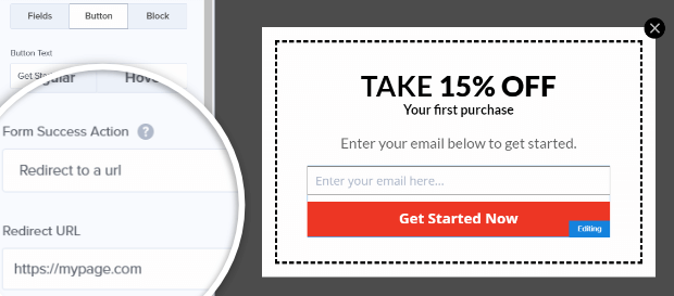 popup coupon redirect URL