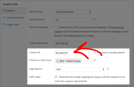 woocommerce coupon data general settings add URL
