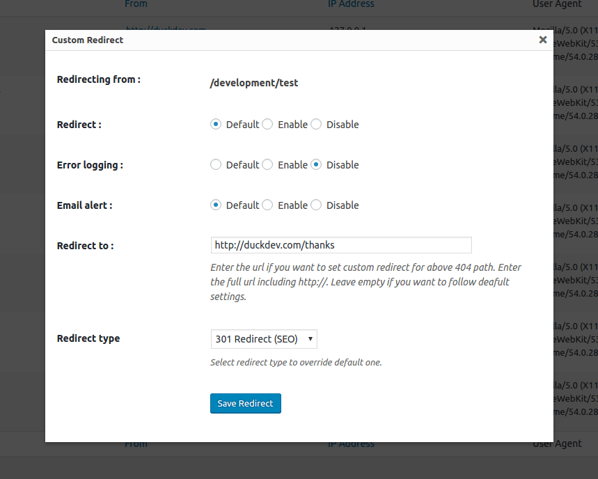 404 to 301 redirect log and notify 404 errors settings