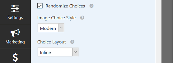 Advanced poll form settings randomize choices image choice style and choice layout