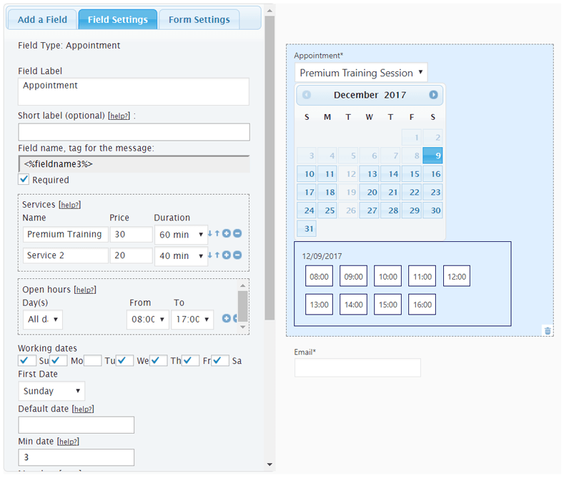 Appointment hour bookings field settings