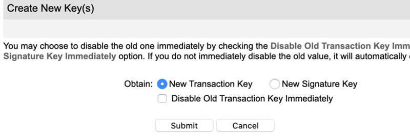 Authorize Net account API Credentials and Keys page Create New Key New Transaction Key