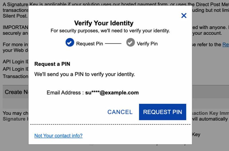 Authorize Net verify your identity Request PIN