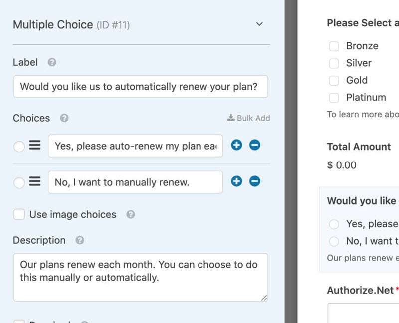 Authorize.Net conditional logic multiple choice choose one time payment or recurring payment