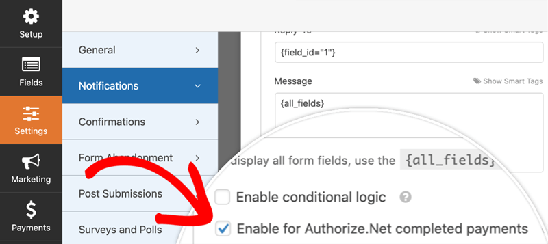 Authroize.Net settings Enable for authorize.net completed payments