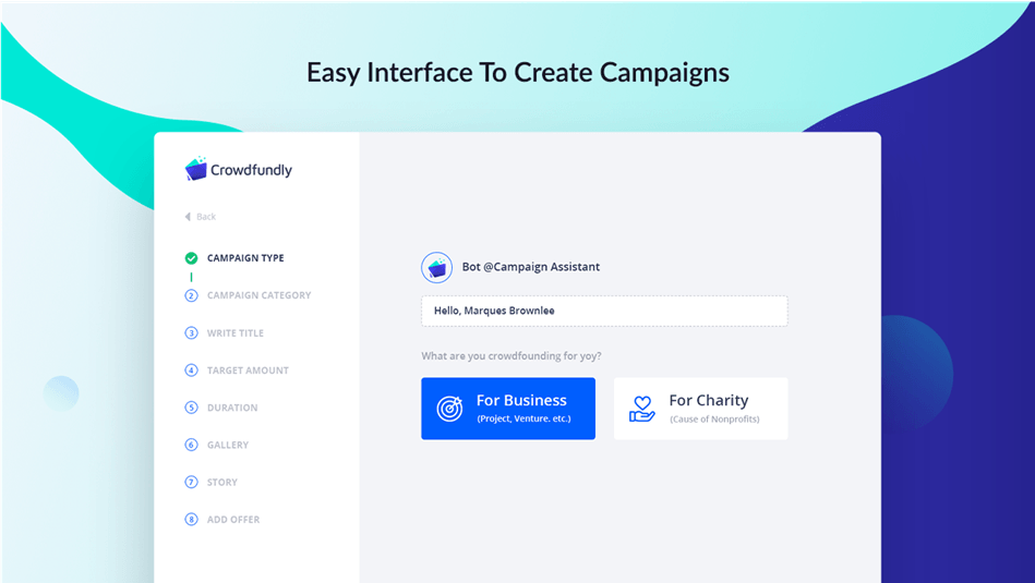 Crowdfundly easy interface to create campaigns campaign type