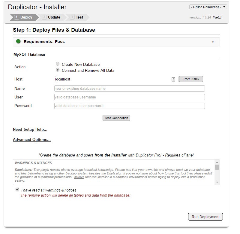 Duplicator wordpress migration plugin installer deploy files and database