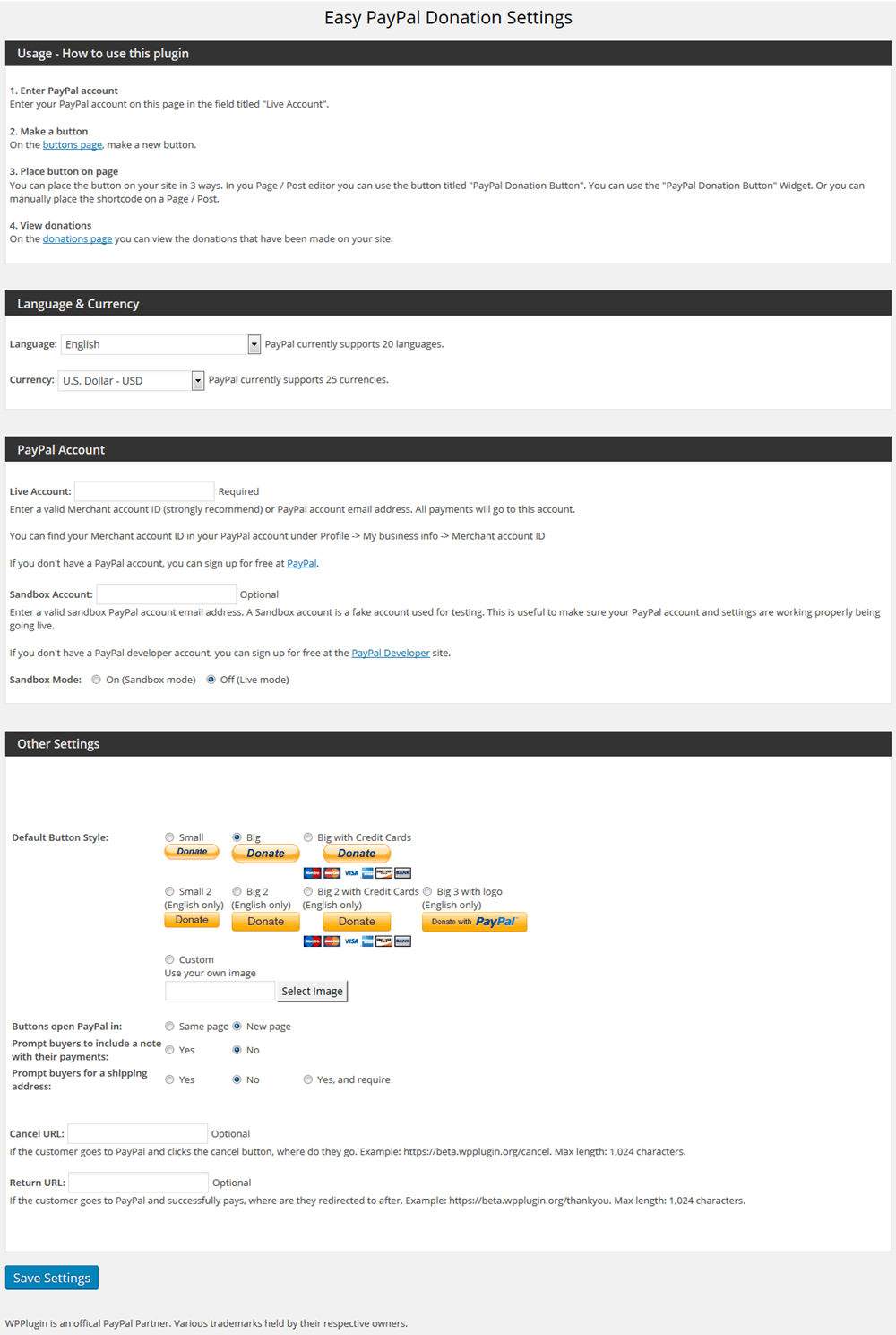 Easy PayPal Donation plugin settings