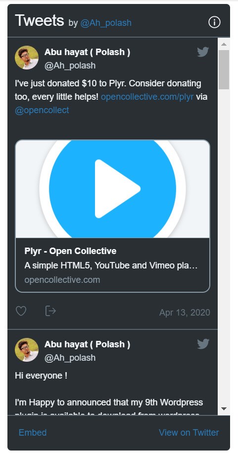 Easy Twitter Feed embed view on twitter sidebar menu