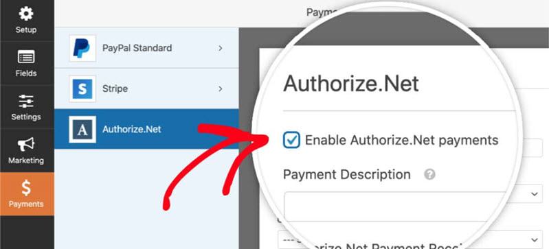 Enable Authorize.Net in the payments form