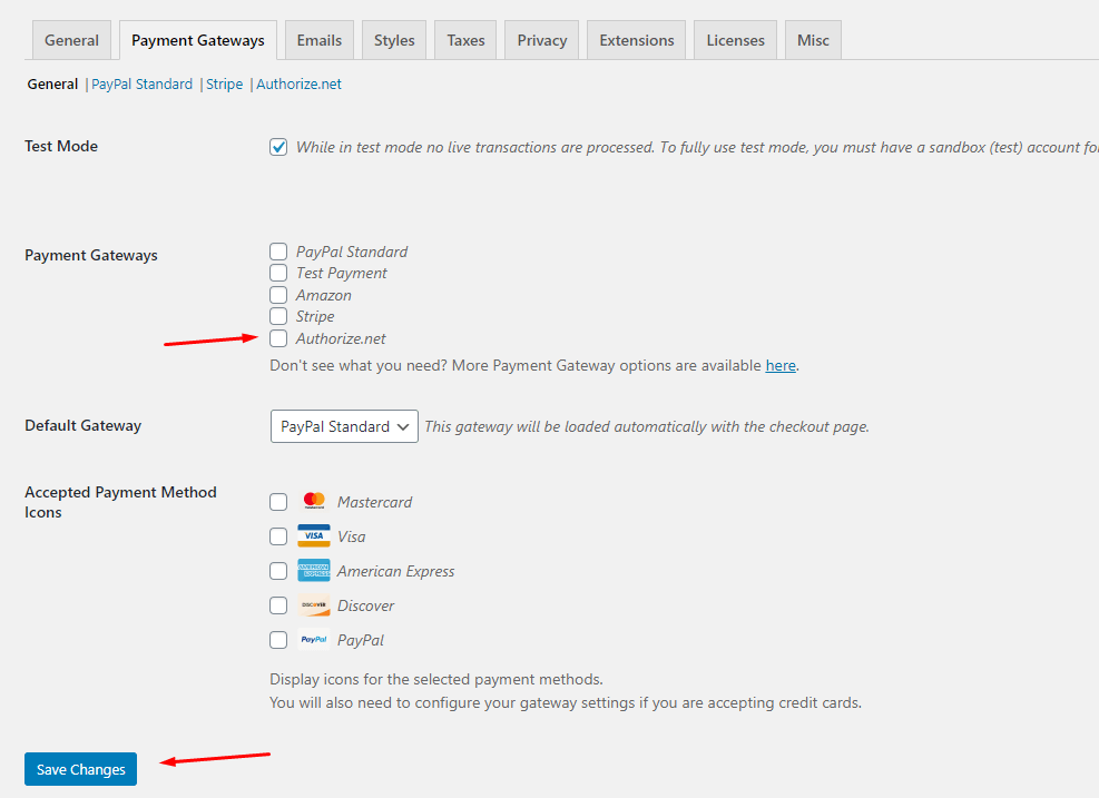 Enable Authorize.net Payment Gateway