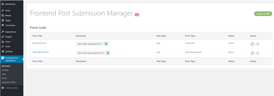 Frontend post submission manager lite forms lists