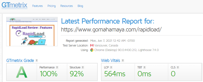 GTmetrix website performance report