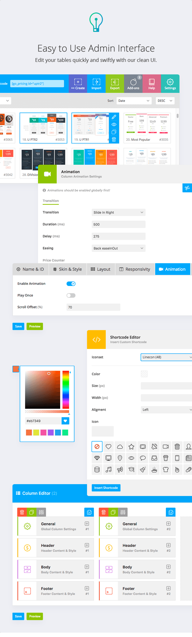 Go Pricing WordPress responsive pricing table by Granth column editor