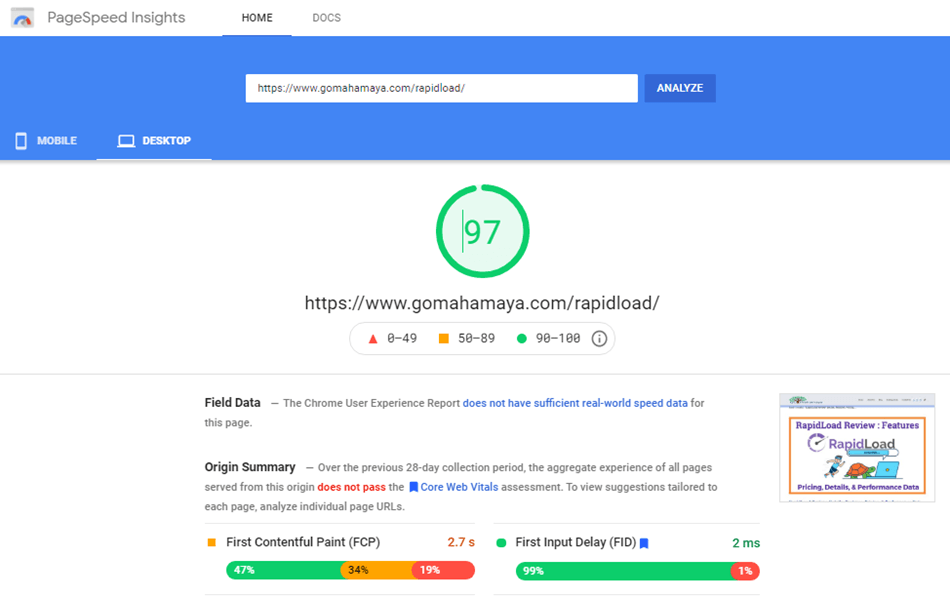 Google PageSpeed Insights website speed test results