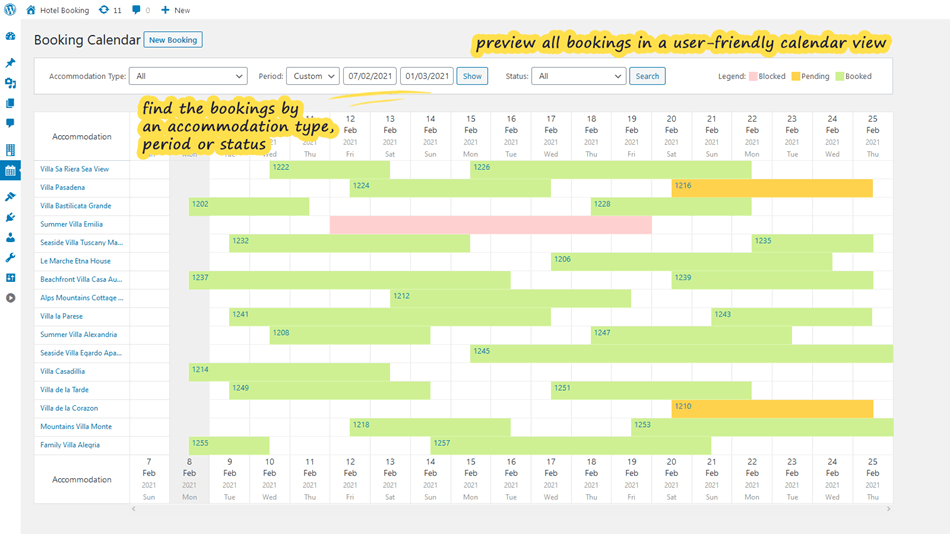 Hotel Booking lite WordPress plugin view all sort of booking by status and dates