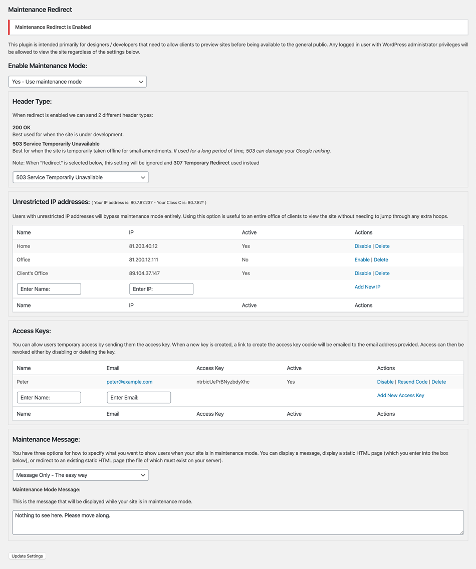 JF3 maintenance redirects plugin settings