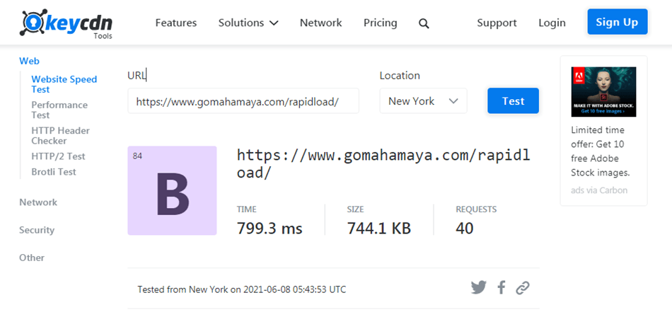 KeyCDN tools website speed test check page performance results