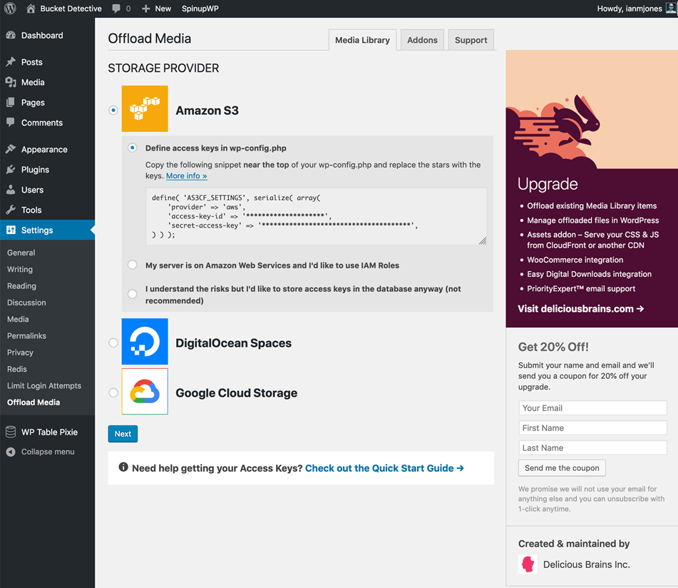 Offload Media Storage Provider For Amazon S3 Define Access Keys in wp-config Setting