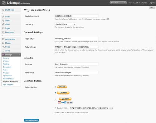 Paypal donations plugin settings