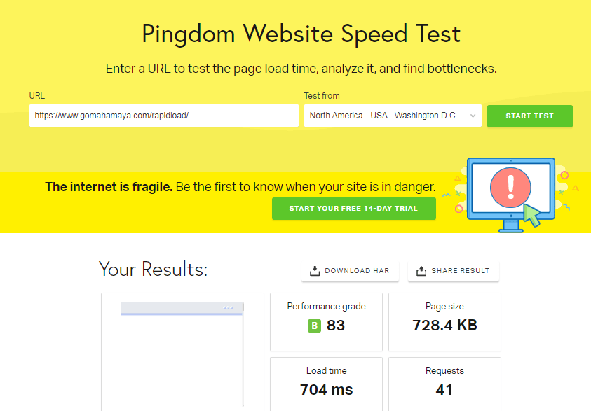 Pingdom Website speed test results