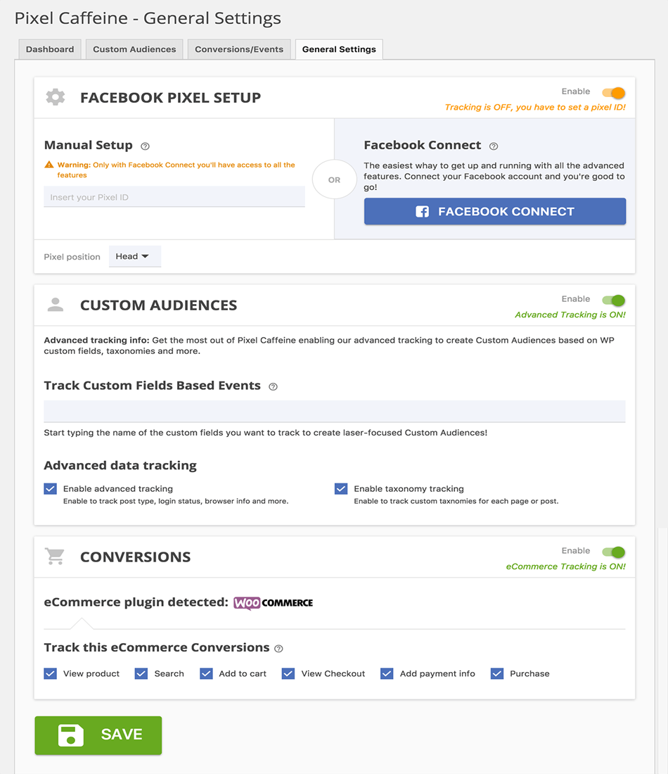 Pixel Caffeine WordPress Plugins general settings