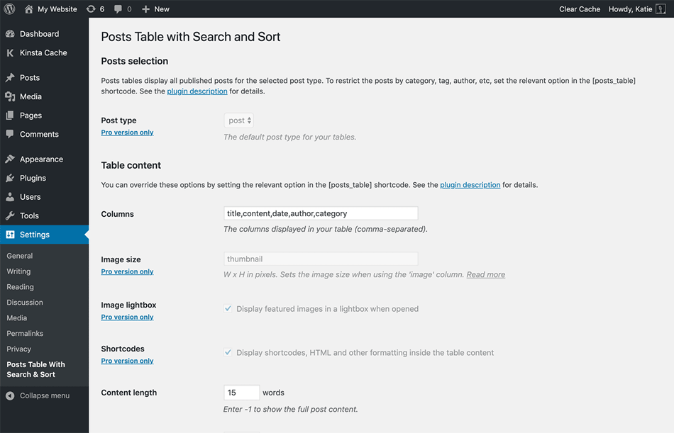 Post table with search and sort settings post selections