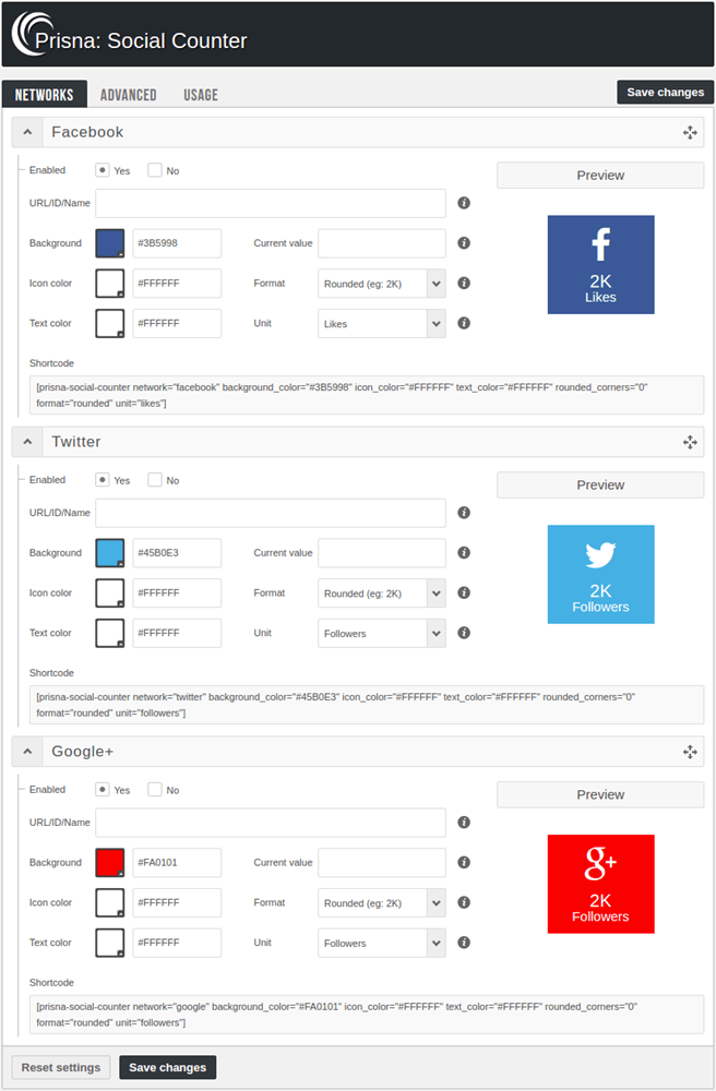 Prisna social counter plugin networks settings