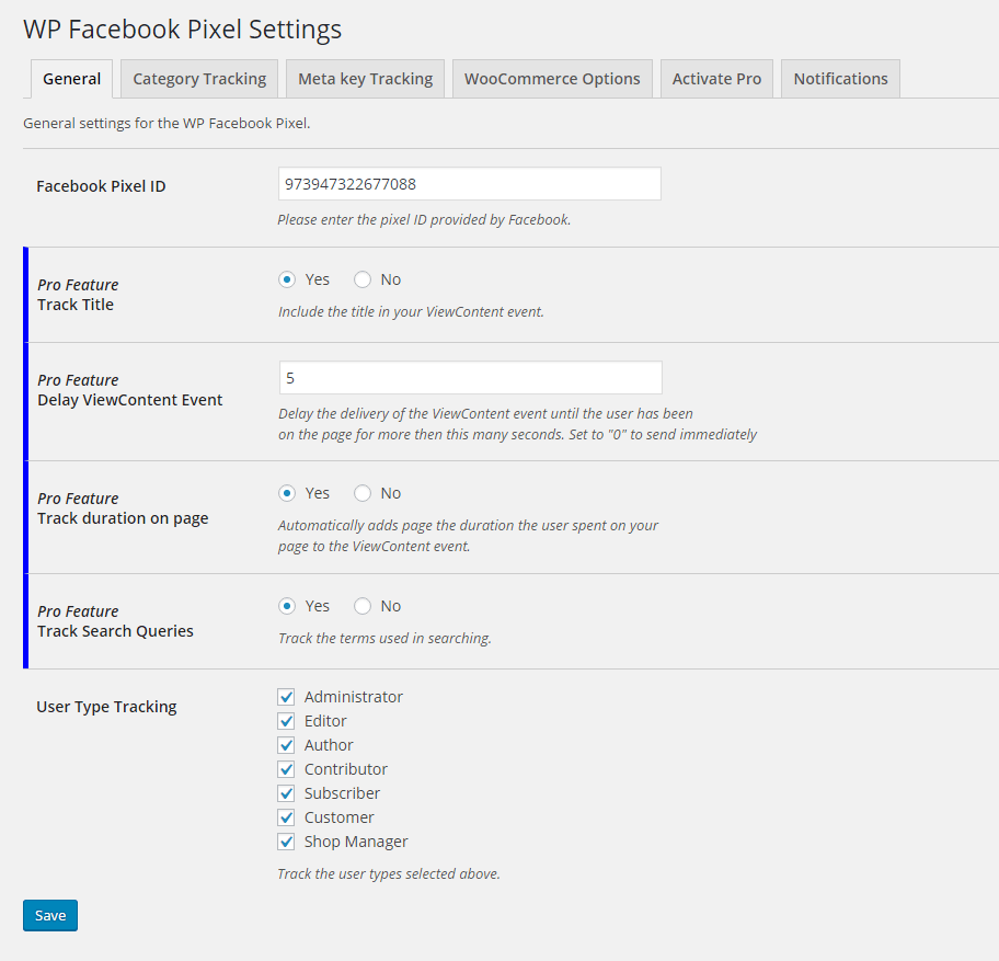 Remarketable WP Facebbok Pixel settings