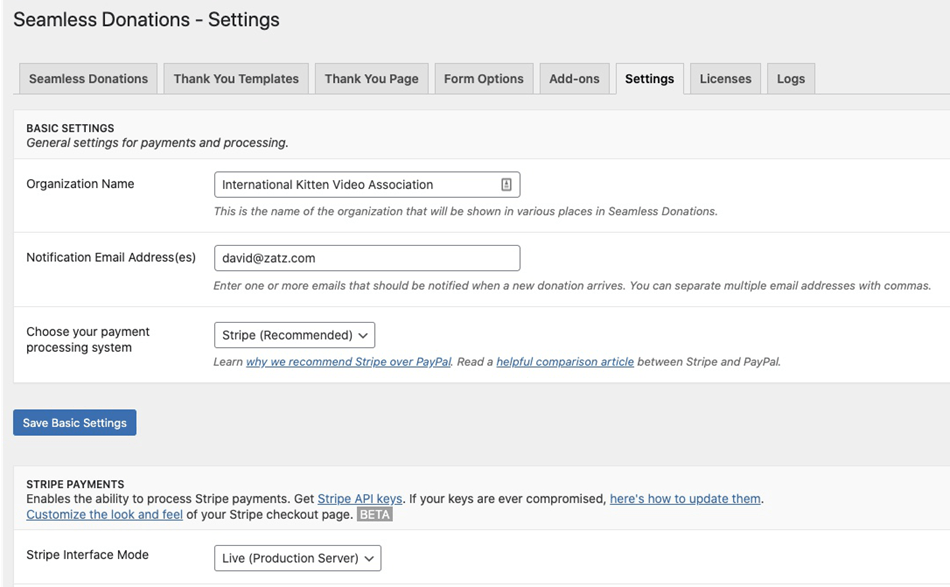 Seamless Donation plugin settings