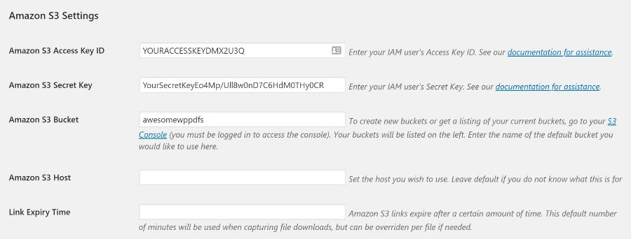 Settings for connecting Easy Digital Downloads to Amazon S3