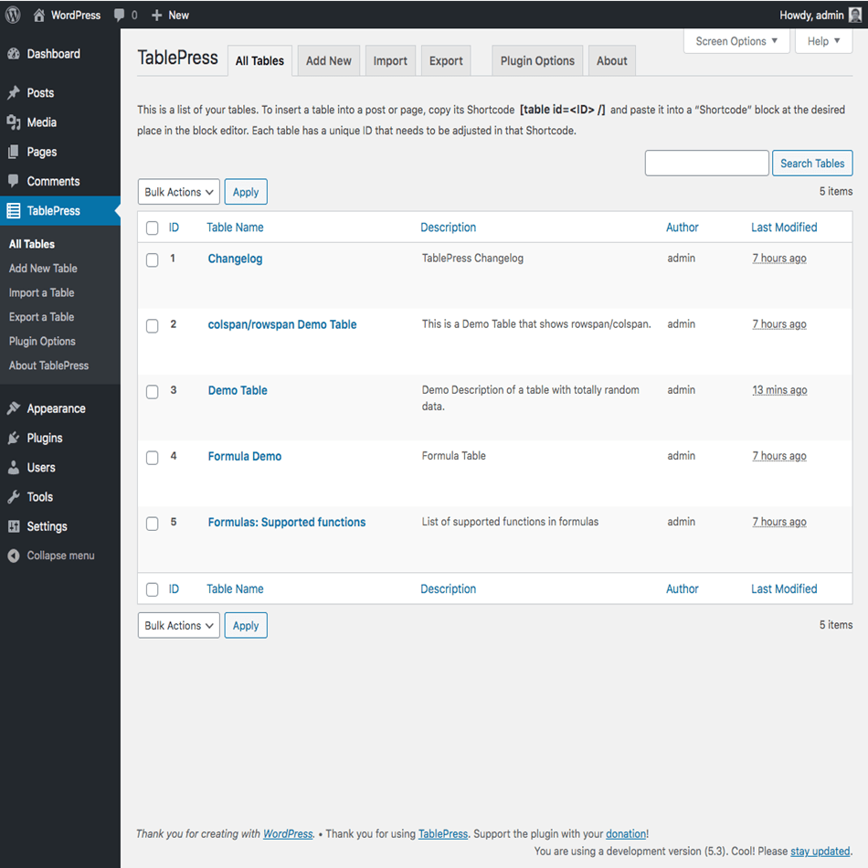 TablePress WordPress plugin all tables screen