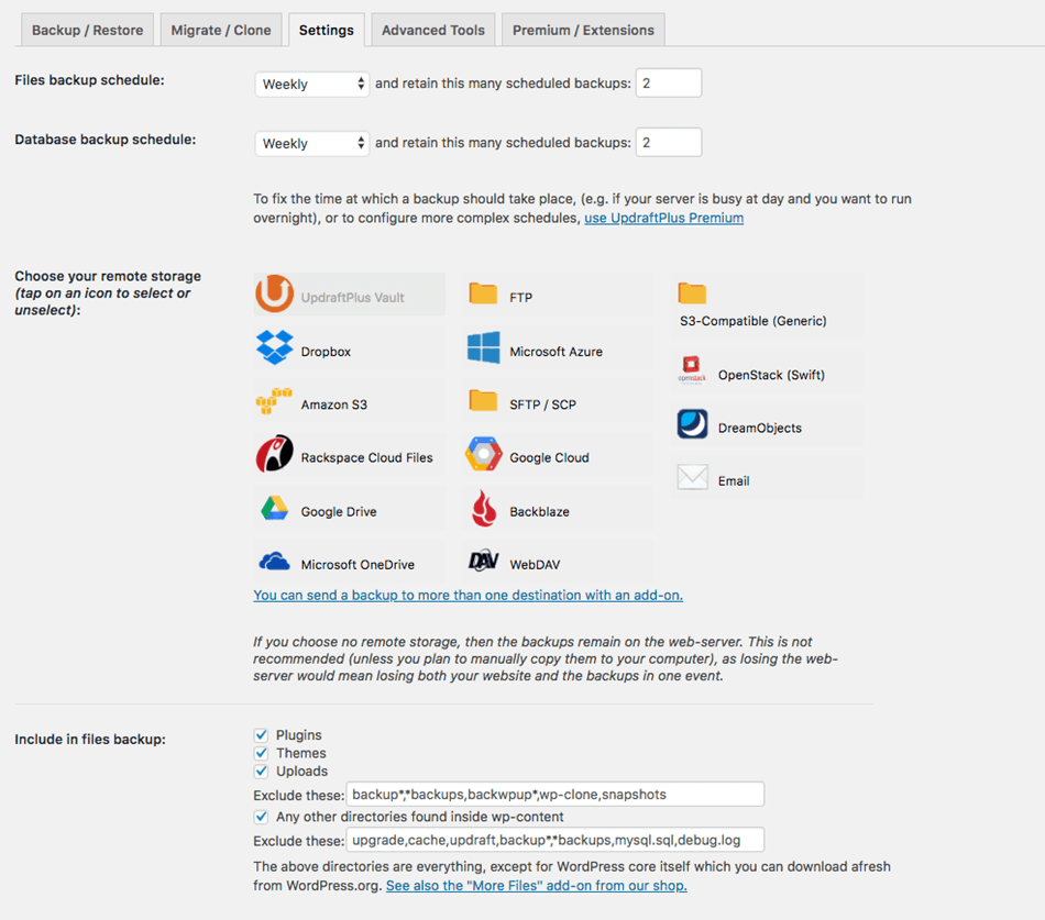 Updraft plus WordPress backup plugin settings