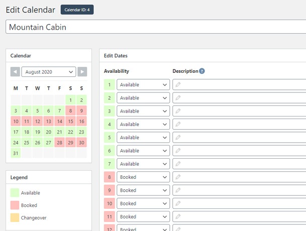 WP Simple booking calendars edit calendar