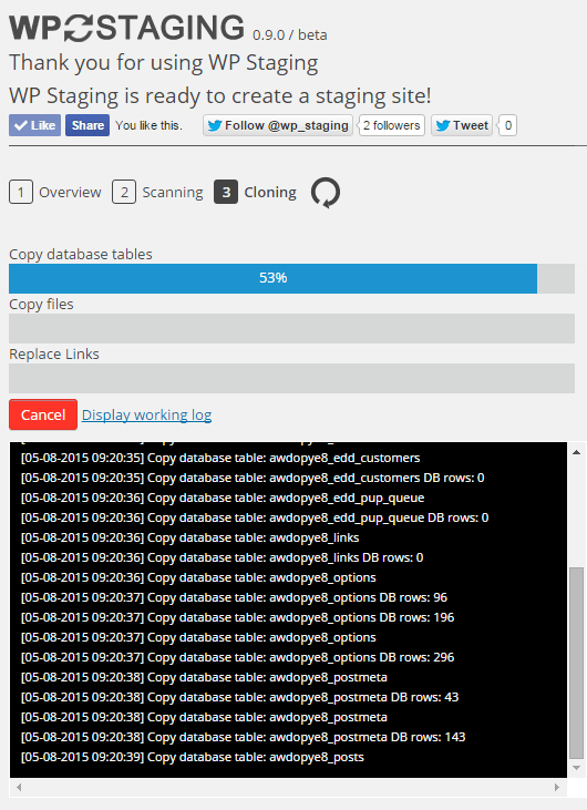 WP Staging backup duplicator and migration plugin wordpress staging site creation in progress