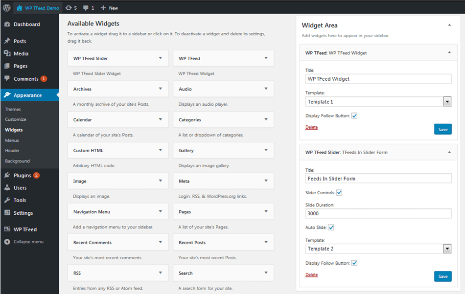 WP TFeed WordPress Plugin backend plugin widget section appearance widgets