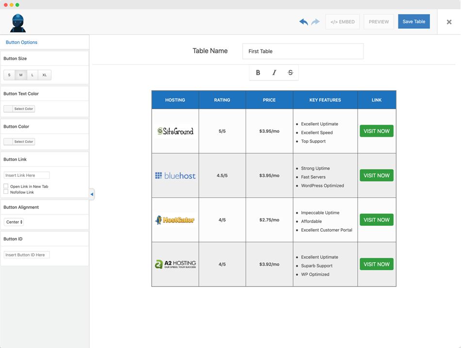 WP Table builder button in WP table builder