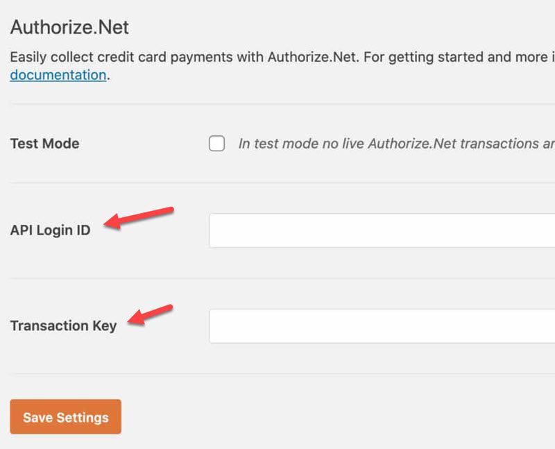 WPForms Authorize.Net enter API Login ID and Transaction Key