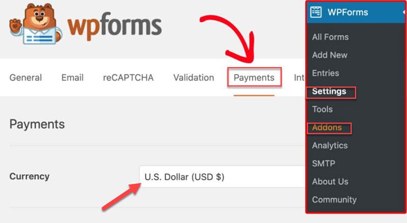 WPForms settings addons payments tab select currency