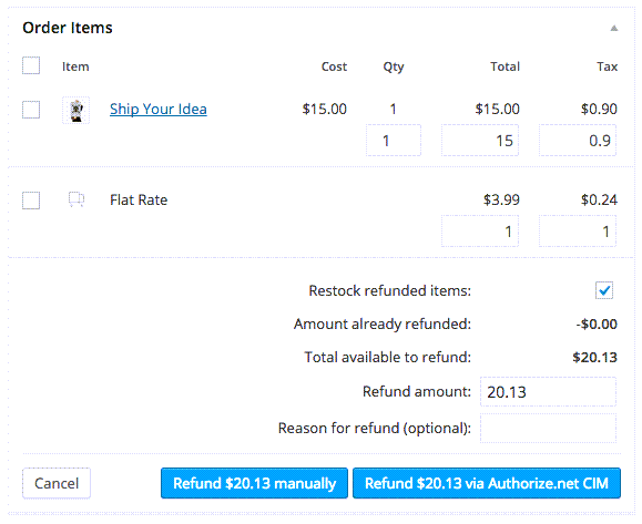 WooCommerce Order Item Refund Via Athorize.net CIM