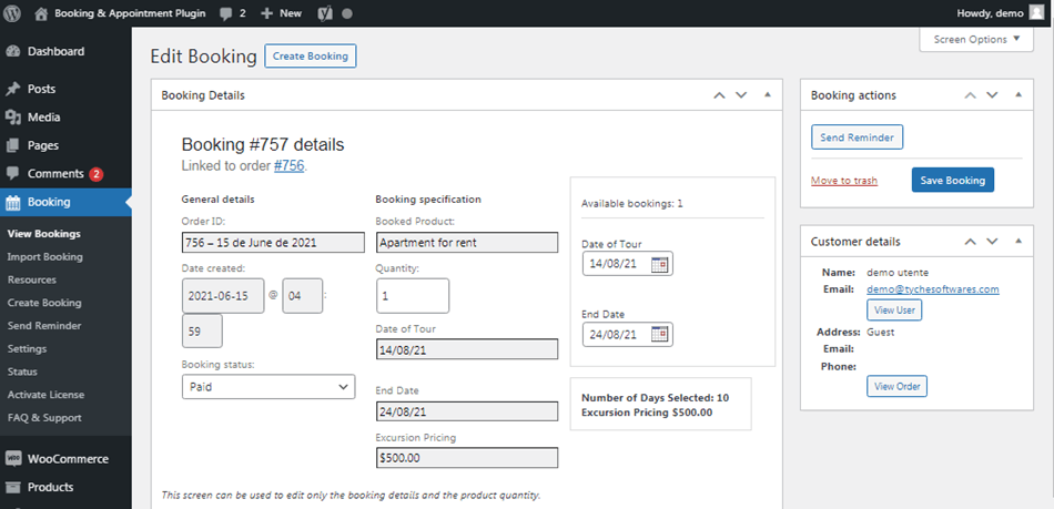 WooCommerce booking and appointment plugin edit booking details