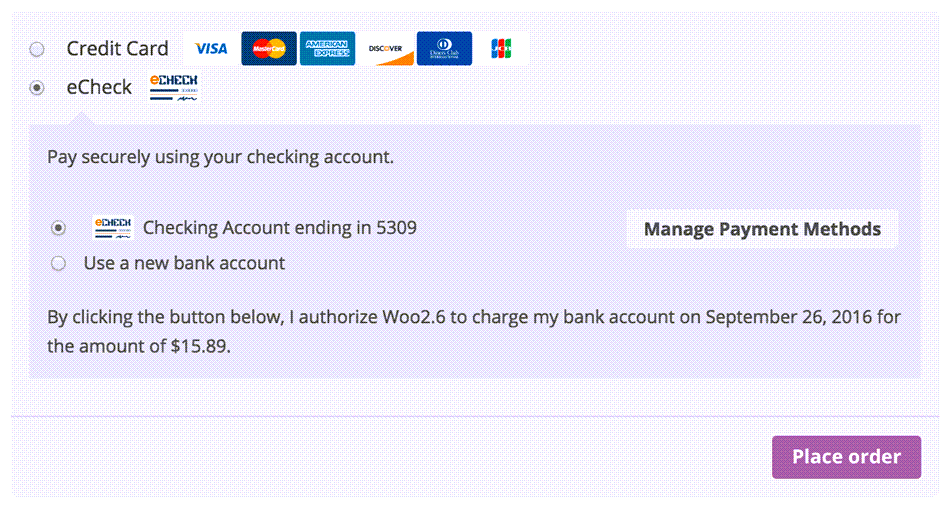 WooCommerce eCheck Manage Payment method