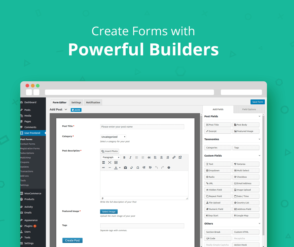 Wp User Frontend create form with powerful builders