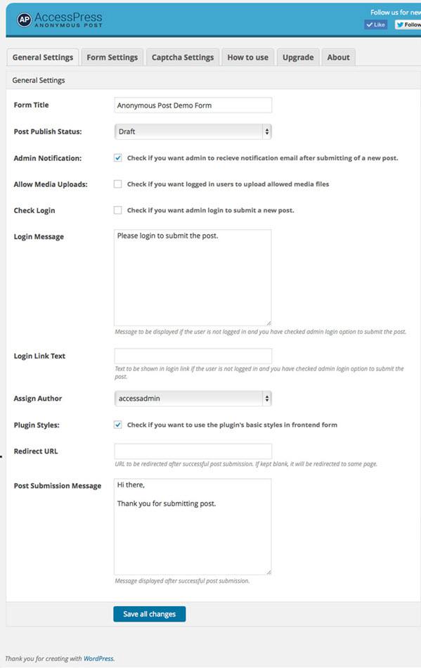 accesspress anonymous post backend general settings panel