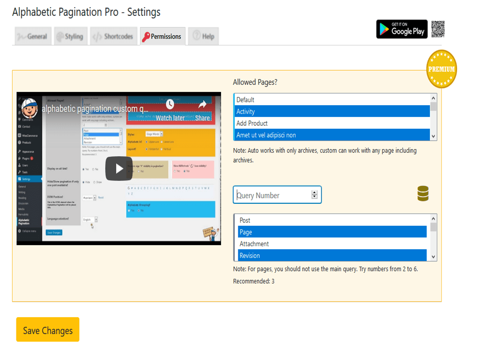 alphabetical pagination pro settings permissions allowed pages and custom query numbers