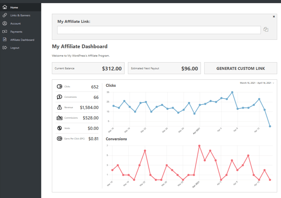 easy affiliate my affiliate dashboard