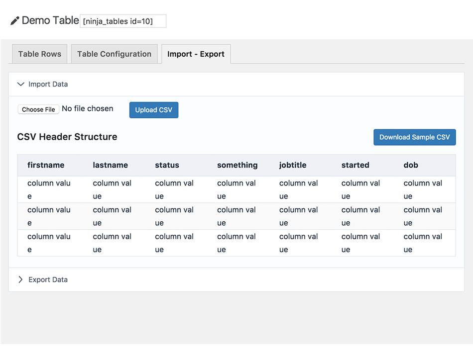 ninja table table builder and WP datatables plugin for WordPress demo table